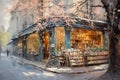 Vibrant painting of a quaint bookshop situated on the roadside, AI-generated.