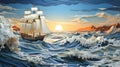 A vibrant painting of ship in the ocean