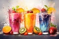 A vibrant painting showcasing three glasses filled with refreshing fruit juice, Fruit smoothies in glasses with colorful splashes Royalty Free Stock Photo