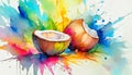Vibrant painting of a split coconut amidst a splash of colorful abstract background