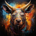 vibrant painting of a steer with colorful paint streaking down its face