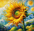 A vibrant painting of a sunflower in a swirling Van Gogh-inspired style.