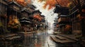 Vibrant painting of a tranquil autumn scene in an Asian landscape, AI-generated.