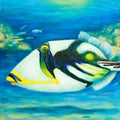 Vibrant painting of a trigger fish on a coral reef Royalty Free Stock Photo