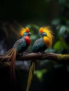 A vibrant pair of birds perched atop a lush tree branch in a tranquil forest setting