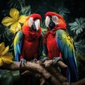 Vibrant Pair: Two Colorful Macaws Together. Generative AI