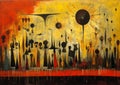 Vibrant Palette of Empathy Machines: Godspeed Black Emperor People Clock Sun Grey Orange Colors Aliens Thick Layers Rhythms Yellow