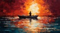Vibrant Palette Knife Oil Painting Of Person In Boat At Sunset