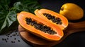 Vibrant Papaya Halves On Board: A Colorful And Precise Stock Photo