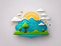 Vibrant Paper Art Illustration of a Stylized Sun Rising Behind Rolling Hills and Clouds Royalty Free Stock Photo