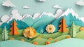 Vibrant Paper Art Landscape with Mountains, Trees, and Clouds