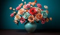 Vibrant Paper Flowers in Decorative Vase Against Teal and Pink Background Royalty Free Stock Photo