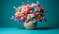 Vibrant Paper Flowers in Decorative Vase Against Teal and Pink Background Royalty Free Stock Photo