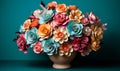 Vibrant Paper Flowers in Decorative Vase Against Teal and Pink Background Royalty Free Stock Photo