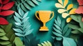 Vibrant paper leaves frame an orange trophy on teal background Royalty Free Stock Photo