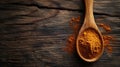 Vibrant paprika powder on spoon with wooden backgroundCopy space banner for food and spice concepts. Royalty Free Stock Photo