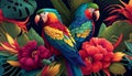 Vibrant Paradise: An Exotic Tropical Painting of Parrots and Flowers in Bright Colors. Generative Ai