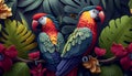 Jungle Rhapsody: An Exotic Floral Pattern with Brightly Colored Parrots. Generative Ai