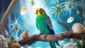 Colorful Budgie Perched on a Branch surrounded by Seashells and Air Plants Royalty Free Stock Photo
