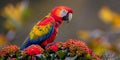 A vibrant parrot with colorful feathers sits atop a tree branch