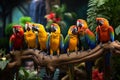 Vibrant Parrot Gathering in Lush Tropical Forest Royalty Free Stock Photo
