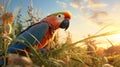Vibrant Parrot Grazing In Tall Grass - Stunning Vray Tracing Photography