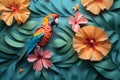 A vibrant parrot perched atop a blooming flower in a tropical setting