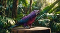 Vibrant Hyacinth Macaw Perched on Wooden Barrel in Lush Tropical Rainforest Royalty Free Stock Photo