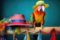 a vibrant parrot perched on a colorful beach hat on a clothes rack