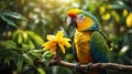 Vibrant Yellow-shouldered Amazon Parrot Perched on Branch with Yellow Flower Royalty Free Stock Photo
