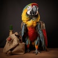 Vibrant Parrot On Wooden Table With Bag - Artistic And Unique