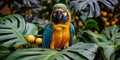 A vibrant parrot perching on a dense green plant