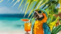 A vibrant parrot with a refreshing drink perched by a tropical resort pool, tropical vacation luxury and enjoyment.