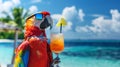 A vibrant parrot with a refreshing drink perched by a tropical resort pool, tropical vacation luxury and enjoyment.