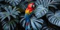 A vibrant parrot sits atop a rich green plant in a tropical setting