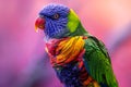 A vibrant parrot sitting against a soft purple background