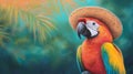 vibrant parrot wearing straw hat enjoys tropical setting with lush greenery Royalty Free Stock Photo