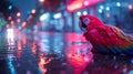 Vibrant parrot on a wet city street at night, illuminated by colorful city lights. Royalty Free Stock Photo