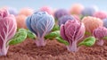 Vibrant pastel cabbages in a surreal garden setting. Royalty Free Stock Photo