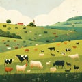 Vibrant Pastoral Scene with Livestock and Rolling Hills