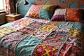 Vibrant patchwork quilt on bed in cozy room with decorative pillows and colorful patterns Royalty Free Stock Photo