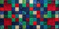 Vibrant patchwork quilt featuring an array of jewel tones and textured fabrics in a square grid pattern. Generative AI Royalty Free Stock Photo