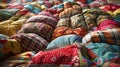 Vibrant patchwork quilts pile in warm light. handmade textile art. homely, rustic feel. perfect for cozy interiors