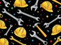 A vibrant pattern of construction tools and safety gear on a black background Royalty Free Stock Photo