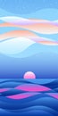 Vibrant peaceful colorful sea waves with sunrise or sunset sky. Vertical vector wallpaper. Abstract tranquil landscape with stars Royalty Free Stock Photo