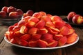 Vibrant Peach Slices, Freshness and Contrast in an Appealing Composition, Bursting with Flavor