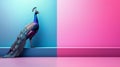 Vibrant peacock on colorful pink and blue split background for modern design and bright projects Royalty Free Stock Photo