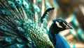 Vibrant peacock displaying colorful, iridescent feathers