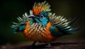 Vibrant peacock perching on branch, displaying iridescent crown feathers generated by AI