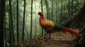 A vibrant pheasant stands gracefully on a forest path, surrounded by towering bamboo, in a serene natural setting Royalty Free Stock Photo